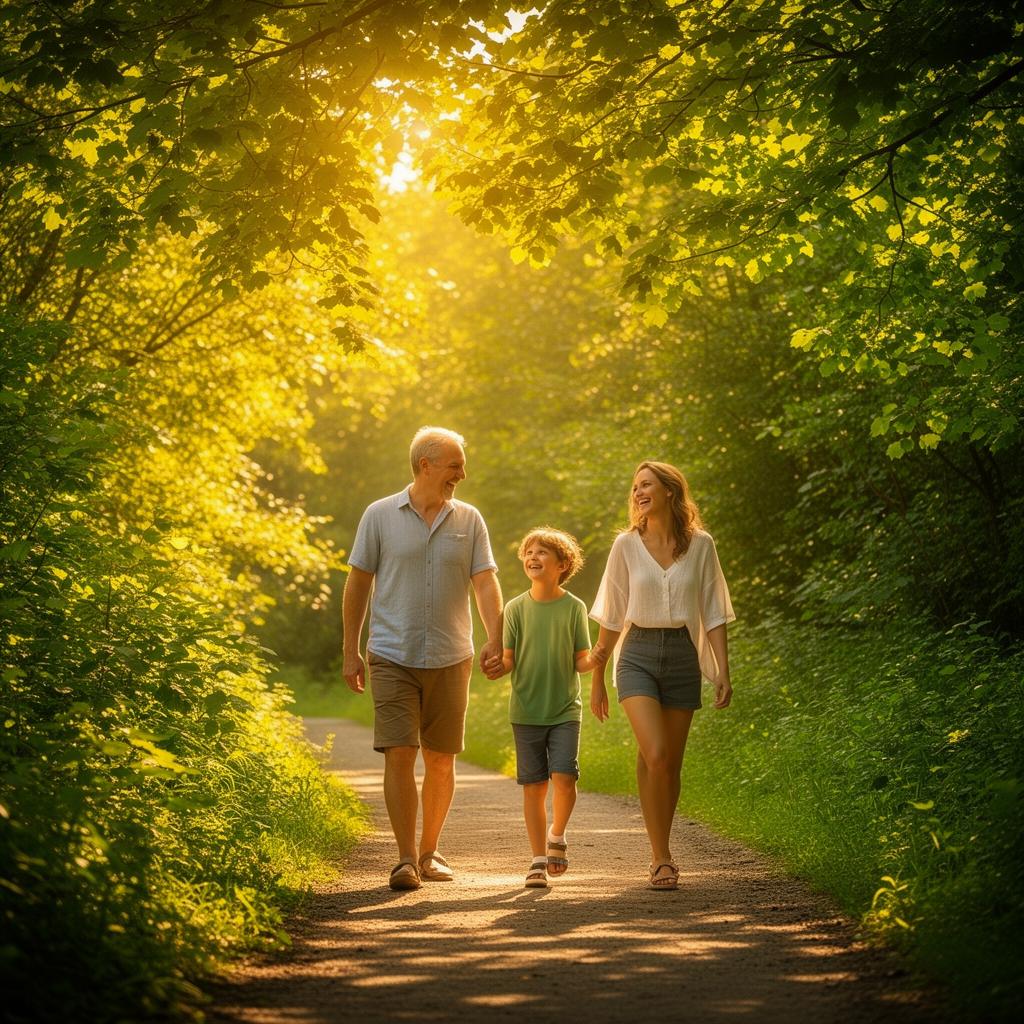 Family enjoying a summer walk on a sunlit tree-lined trail in Southwest Edmonton