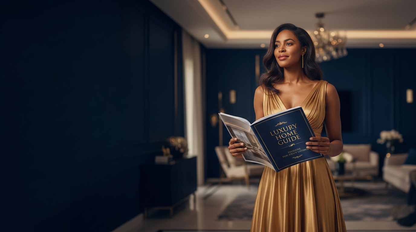 Empowered homeowner in golden dress holding the Ohmer home guide