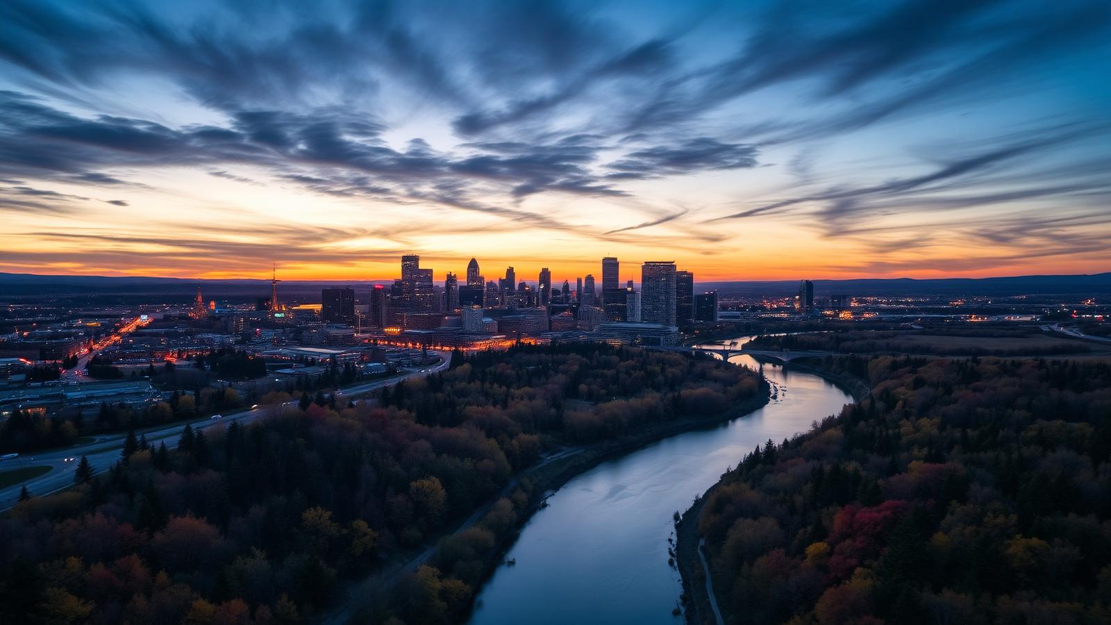 Aerial view of downtown Edmonton skyline and North Saskatchewan River valley at dusk
